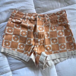 PacSun Orange and Cream Floral Checkered Denim Shorts